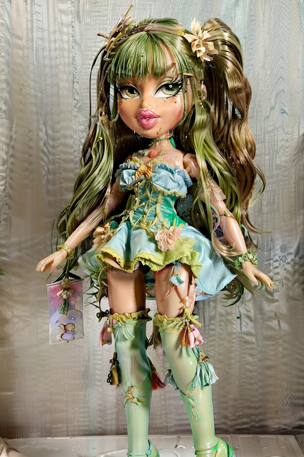Bratz girl with detailed eyes and big lips and green curly rococo hair, wearing versace colorful flowers dress, full body , plastic skin , doll joints , ,(masterpiece, top quality, best quality, beautiful and aesthetic:1.2), daiyousei, doll, revealing clothes, big head, 1girl, solo, breasts, curvy, wide hips, narrow waist, joints, doll joints, cleavage, bursting breasts, huge breasts, lips, 1girl, green hair, side ponytail,green eyes,bow,ascot,blue dress, wings,, full body, high heels, thighhighs, long legs,