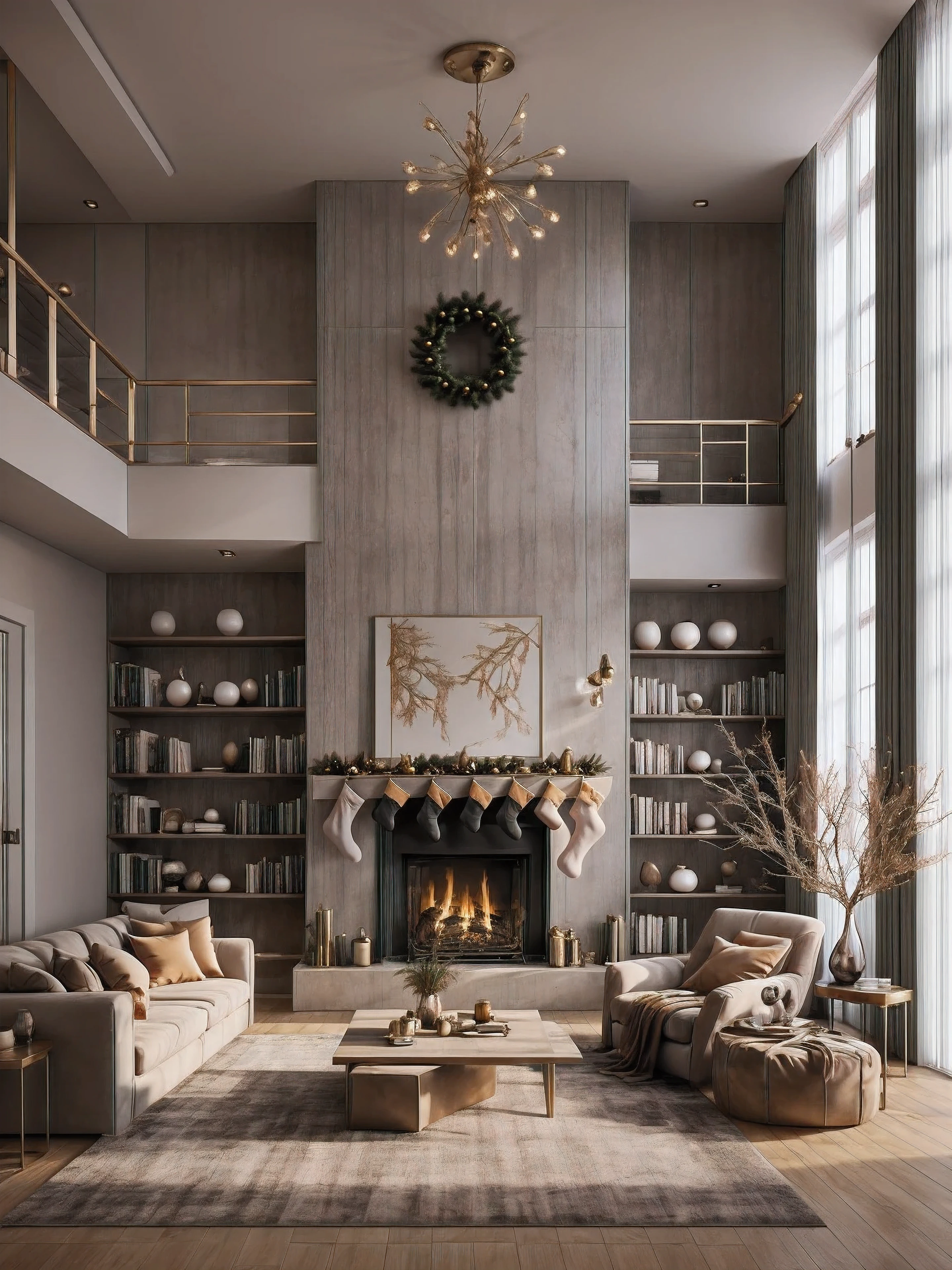 (Masterpiece in maximum 16K resolution), the best quality, (very detailed CG unity 16k wallpaper quality),Super Detailed. | Stunning reflections, the best reflections ever, (glow), (particle effects), Isometric 3D, Octane Rendering, Ray Traced,(best illustration). | Loft Style Living Room, Christmas Decorative style gorgeous, Christmas Tree, Christmas Gifts, Minimalist Decorative style, Christmas Mistletoes, Giant UHD TV, IKEA furnitures,Award winning design, concept house, architectural concepts, bright modern style, dramatic rendering, tall ceilings, highly detailed interior, architectural render, minimal modern, modern living room,indoor, nighlight, shimering light, cinematic lighting,glossy wooden floor,rug,warm tones,accent lighting.