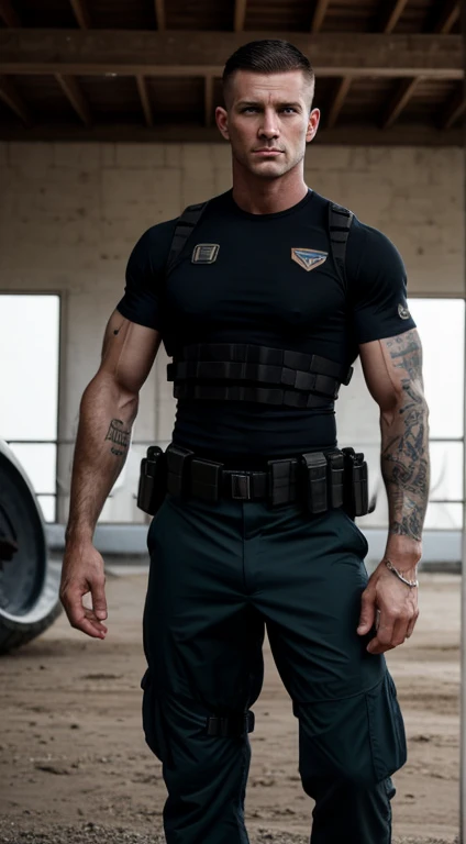 white man soldier special forces, 30 years old, Short military haircut, black hair, intense Blue eyes fixed, intense gaze, affiliated features, no facial hair, Menton fuerte,height 1.90, weight 96 kg, muscular aesthetic build, broad shoulders, V-shaped body, half tattoos in Arms, full body focus, completely hairless