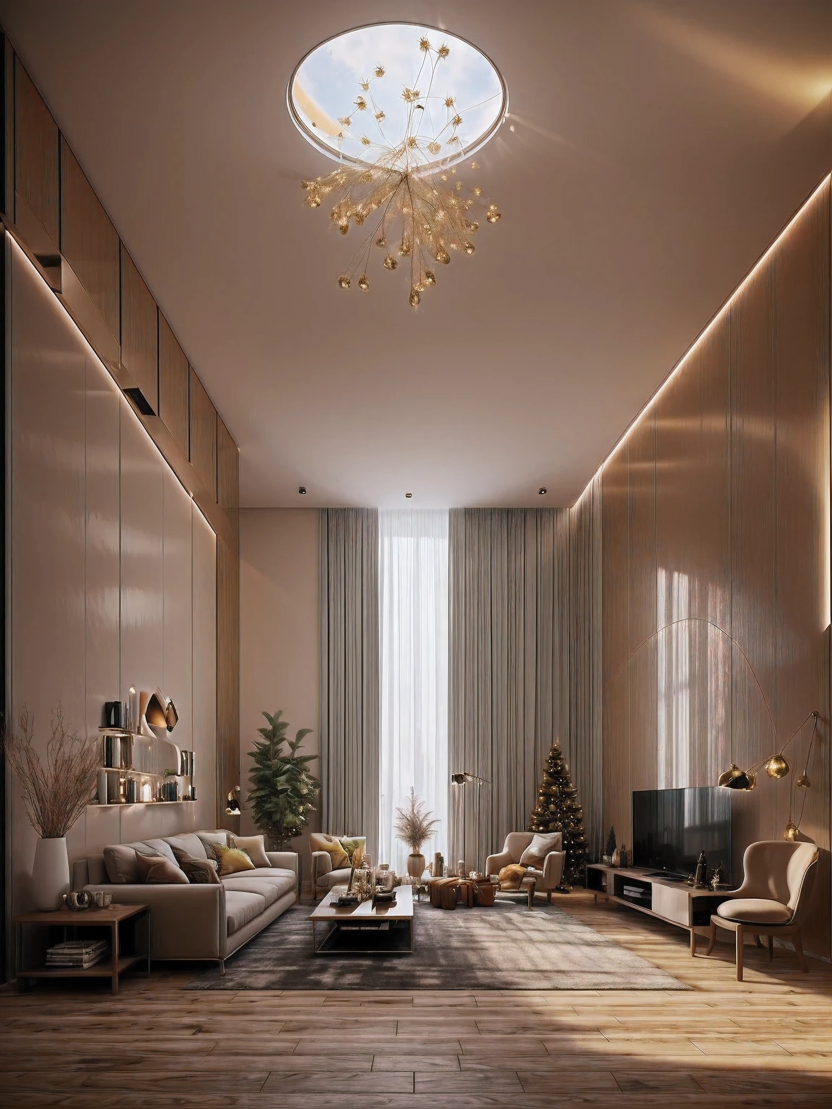 (Masterpiece in maximum 16K resolution), the best quality, (very detailed CG unity 16k wallpaper quality),Super Detailed. | Stunning reflections, the best reflections ever, (glow), (particle effects), Isometric 3D, Octane Rendering, Ray Traced,(best illustration). | Loft Style Living Room, Christmas Decorative style gorgeous, Christmas Tree, Christmas Gifts, Minimalist Decorative style, Christmas Mistletoes, Giant UHD TV, IKEA furnitures,Award winning design, concept house, architectural concepts, bright modern style, dramatic rendering, tall ceilings, highly detailed interior, architectural render, minimal modern, modern living room,indoor, nighlight, shimering light, cinematic lighting,glossy wooden floor,rug,warm tones,accent lighting.