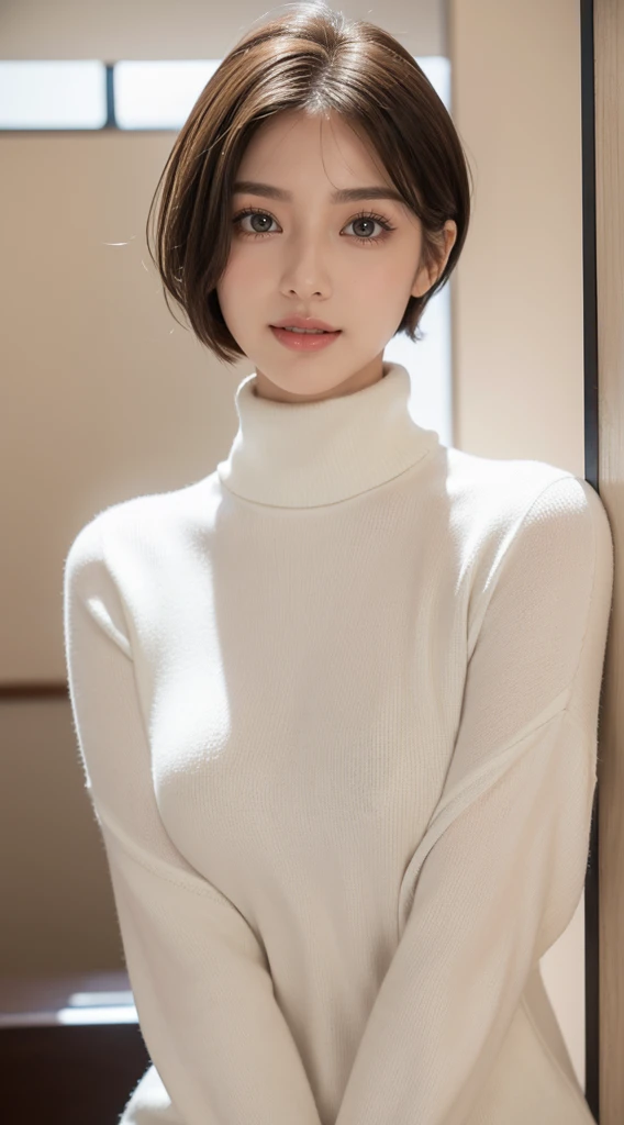 , top-quality、high-detail:1.4、Very attractive beauty、Add intense highlights to the eyes、Look firmly at the camera:1.4、A beautiful woman full of charm、Ideal ratio body proportions、Perfect Anatomy、Brunette Short Bob Hair、Lustrous hair、bangss:1.4、shiny bangss:1.4、lipgloss),1girl in, report, Light brown shiny hair, muffler,realisitic, looking at the viewers、Tilt your head slightly, Bright colored crystal light blue eyes, short shiny hair、 big breast, White turtleneck outfit with a hole in the center of the chest,Sexy white turtleneck knit sweater with a round hole in the middle of the chest、 s lips, lipgloss, The upper part of the body、big eye、Lashes、A little red in the face、Embarrassing)、((italian road in winter))、((short hair with big eyes、Put very strong highlights in your students、{Gigantic|Big|Huge|Mega} breasts:1.4、very Bigger breasts、gazing at viewer、Very beautiful beauty、Put your ears out、long neck、little smiling、Beautiful teeth、Open your mouth and smile、Heart-shaped pupil))、28 year old、Very cute supermodel、