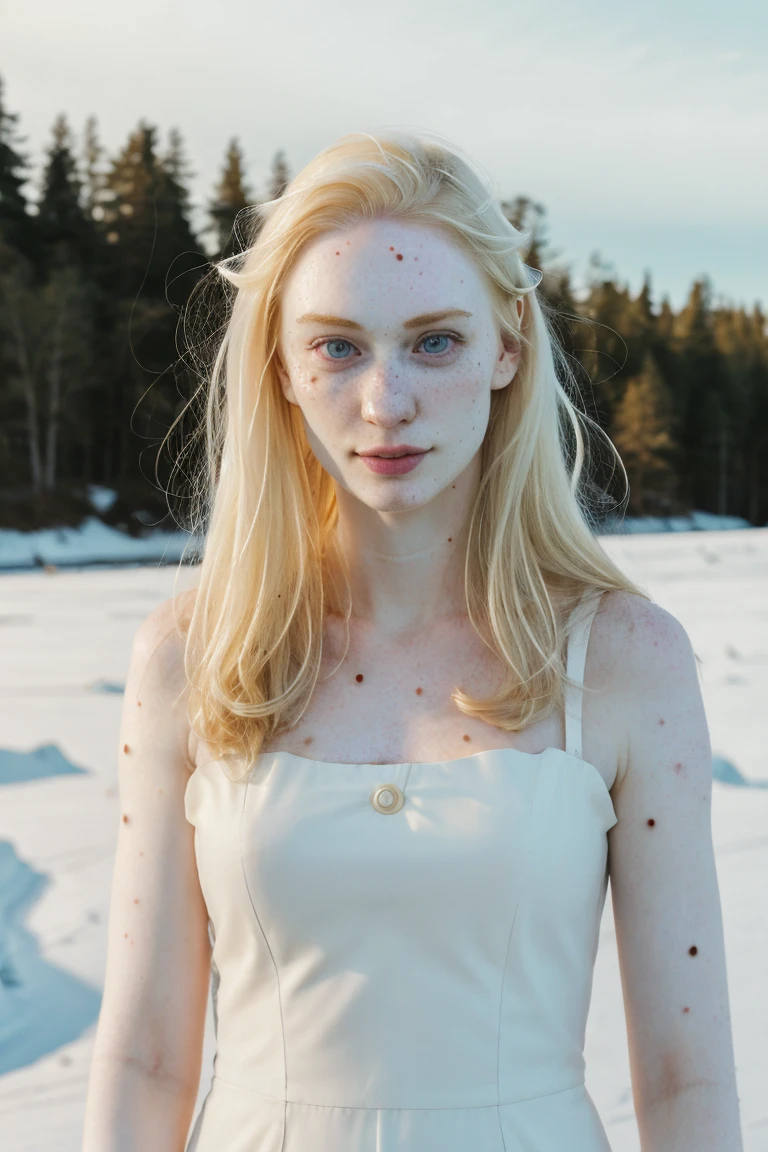 (pale white:1.5) dbwl woman adult with (pale_white_skin:1.5), 

[(beauty_marks:1.3):(light beauty_marks:.01):8],
(pale white skin:1.5) (with many moles:.01), 
 [(Natural light_blonde_hair:1), (light_blonde_eyelashes, light_blonde_eyebrows:1.3):4], [(blue_eyes:1):4], 
Nordic Scandinavian albino,

 (medium shot:.7), (full body shot:1.2),
Clean face, ponytail_hairstyle, 

 detailed_skin, (skinny:1.5), (fit:1.55), (sunny:1.1), front light, well lit, bare arms, arctic, snow, outdoors, nature, Scandinavia, unedited photograph, detailed, happy, dress, high resolution, photograph, RAW photo, in frame, 

BREAK 
[(large beauty_marks:.01), (many large light moles:1.65):8],