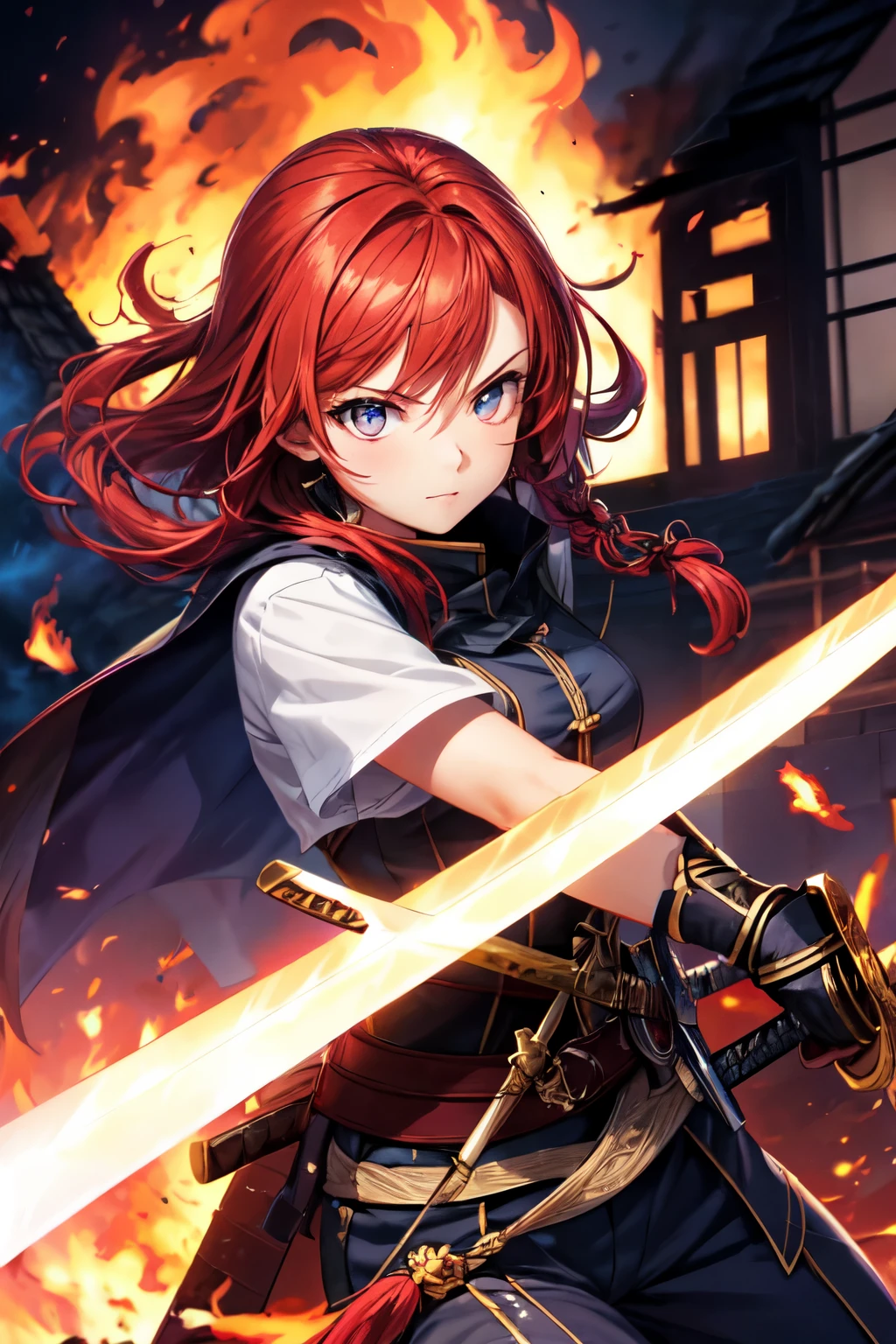 1girl in, Red hair, fiery eyes, Sword, holding Sword, loimu, Burning house, blazing, side lights, Wallpaper