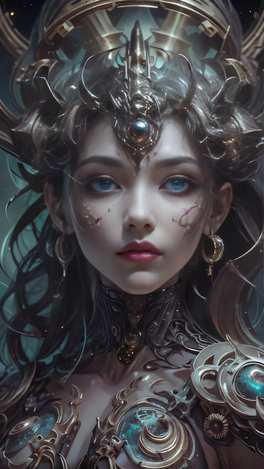 （best qualtiy，ultra - detailed，Most Best Illustration，Best shadow，tmasterpiece，A high resolution，professionalartwork，famousartwork），Detailed eyeeautidful eyes，closeup cleavage，sci-fy，colored sclera，Robot eyeace markings，Tattooed with，（fractalized，Fractal eyes），largeeyes，Wide eyes，（Eye focus），sface focus，Cosmic eyes，Space eyes，Close-up of metal sculpture of a woman with a moon in her hair，goddetremly high detail，3 d goddess portrait，Extremely detailed footage of the goddess，a stunning portrait of a goddess，Side image of the goddess，portrait of a beautiful goddesull body close-up portrait of the goddess，hecate goddess，portrait of a norse moon goddess，goddess of space and time