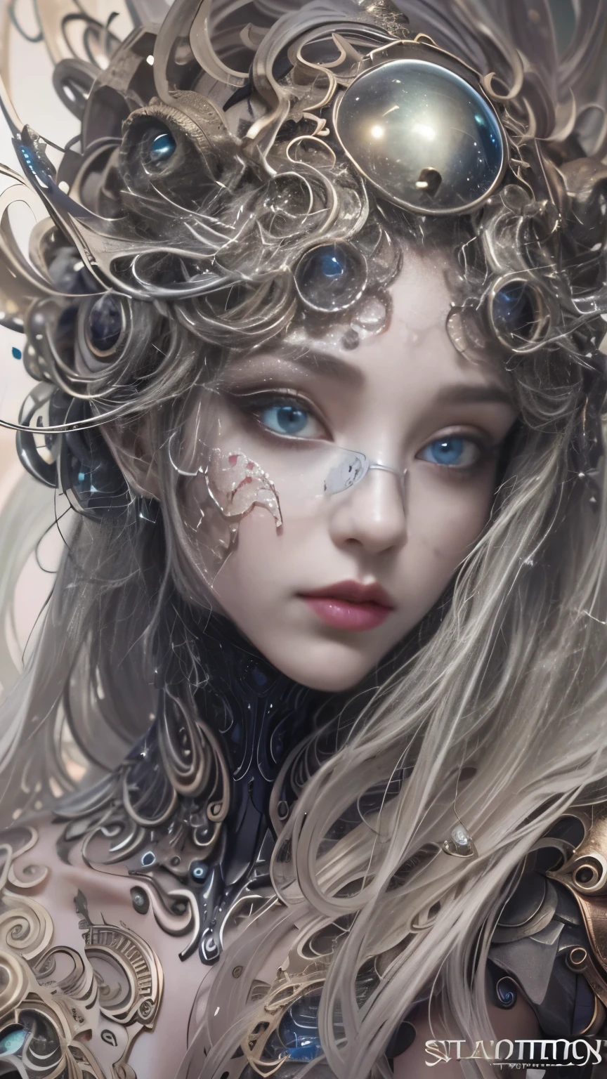 （best qualtiy，ultra - detailed，Most Best Illustration，Best shadow，tmasterpiece，A high resolution，professionalartwork，famousartwork），Detailed eyeeautidful eyes，closeup cleavage，sci-fy，colored sclera，Robot eyeace markings，Tattooed with，（fractalized，Fractal eyes），largeeyes，Wide eyes，（Eye focus），sface focus，Cosmic eyes，Space eyes，Close-up of metal sculpture of a woman with a moon in her hair，goddetremly high detail，3 d goddess portrait，Extremely detailed footage of the goddess，a stunning portrait of a goddess，Side image of the goddess，portrait of a beautiful goddesull body close-up portrait of the goddess，hecate goddess，portrait of a norse moon goddess，goddess of space and time