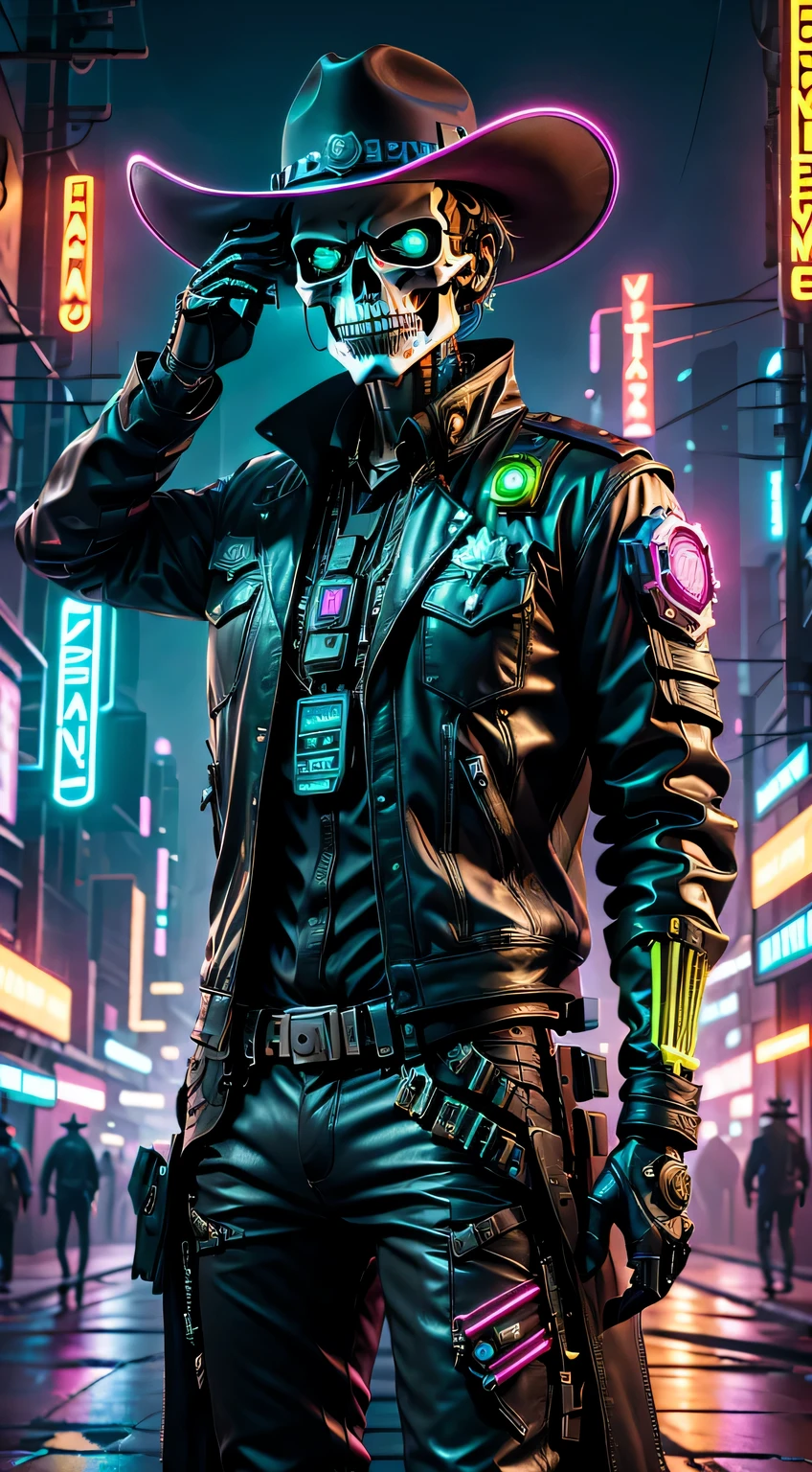 cyber punk style：Skeleton Robot Sheriff，metalictexture，wearing a cowboy hat+cockade+neon light edge，Wearing a leather jacket and cowboy boots，retro futuristic style，glowing light eyes，High-tech weapons hanging from his belt，wires and cables，nighttime scene，Vibrant colors，electric sparks，Dystopian cityscape，Network enhancement，Mixed reality。(Best quality,4K,8K,A high resolution,tmasterpiece:1.2),ultra - detailed,(actual,photoactual,photo-actual:1.37),