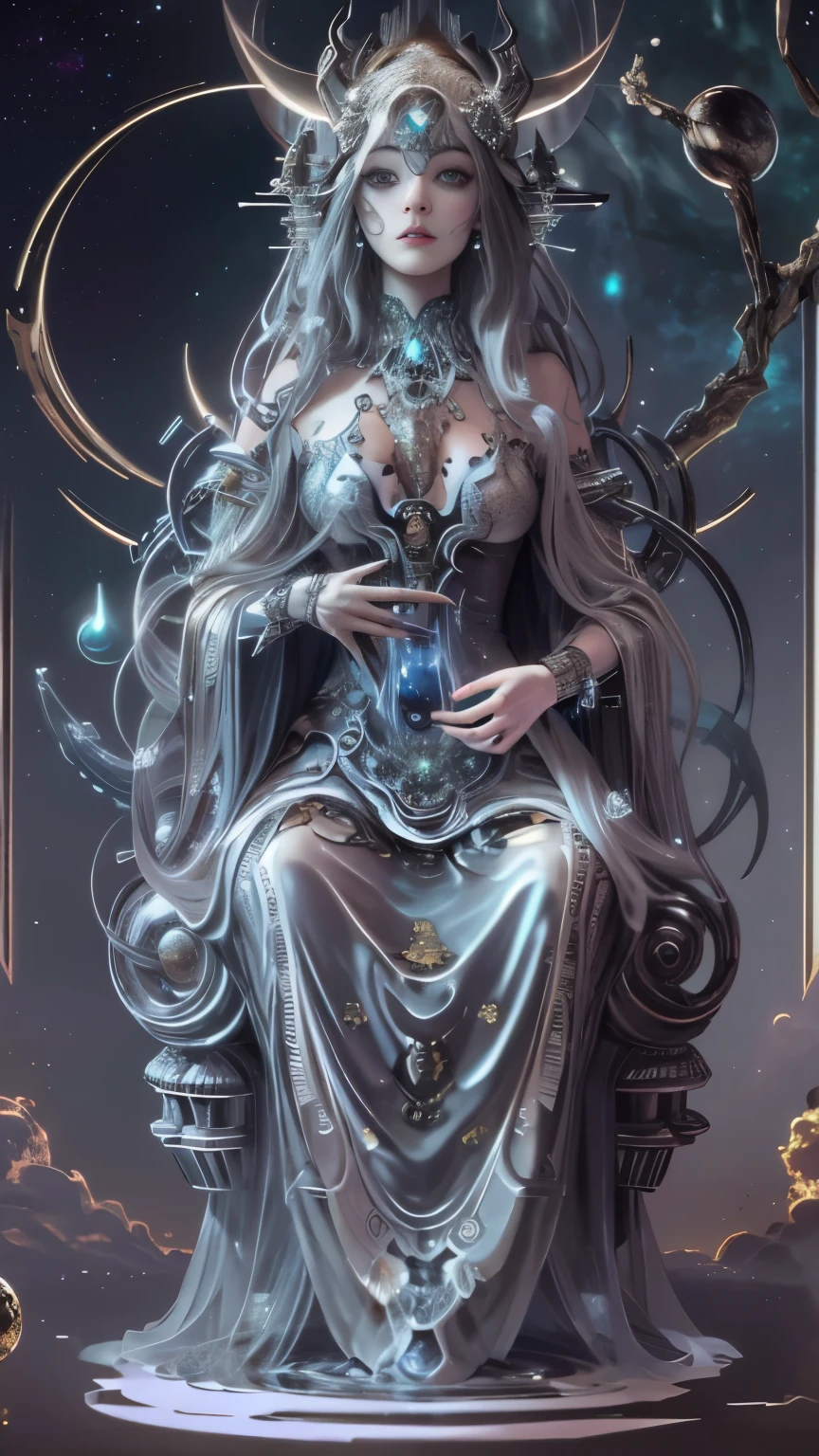 (best qualtiy,ultra - detailed,Most Best Illustration,Best shadow,tmasterpiece,A high resolution,professionalartwork,famousartwork),Detailed eyeeautidful eyes,closeup cleavage,sci-fy,colored sclera,Robot eyeace markings,Tattooed with,(fractalized,Fractal eyes),largeeyes,Wide eyes,(Eye focus),sface focus,Cosmic eyes,Space eyes,Close-up of metal sculpture of a woman with a moon in her hair,goddetremly high detail,3 d goddess portrait,Extremely detailed footage of the goddess,a stunning portrait of a goddess,Side image of the goddess,portrait of a beautiful goddesull body close-up portrait of the goddess,hecate goddess,portrait of a norse moon goddess,goddess of space and time