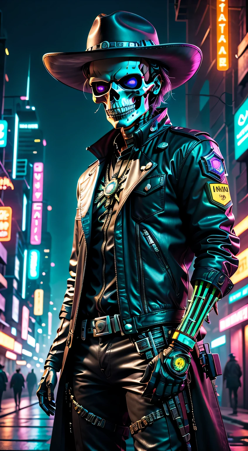 cyber punk style：Skeleton Robot Sheriff，metalictexture，wearing a cowboy hat+cockade+neon light edge，Wearing a leather jacket and cowboy boots，retro futuristic style，glowing light eyes，High-tech weapons hanging from his belt，wires and cables，nighttime scene，Vibrant colors，electric sparks，Dystopian cityscape，Network enhancement，Mixed reality。(Best quality,4K,8K,A high resolution,tmasterpiece:1.2),ultra - detailed,(actual,photoactual,photo-actual:1.37),