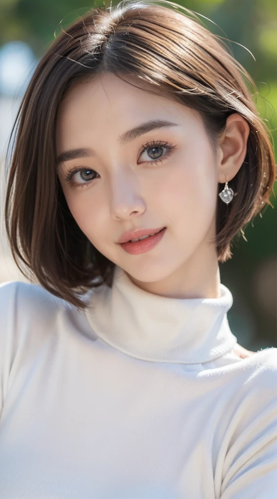 , top-quality、high-detail:1.4、Very attractive beauty、Add intense highlights to the eyes、Look firmly at the camera:1.4、A beautiful woman full of charm、Ideal ratio body proportions、Perfect Anatomy、Brunette Short Bob Hair、Lustrous hair、bangss:1.4、shiny bangss:1.4、lipgloss),1girl in, report, Light brown shiny hair, muffler,realisitic, looking at the viewers、Tilt your head slightly, Bright colored crystal light blue eyes, short shiny hair、 White turtleneck outfit with a hole in the center of the chest,Sexy white turtleneck knit sweater with a round hole in the middle of the chest、 s lips, lipgloss, The upper part of the body、big eye、Lashes、A little red in the face、Embarrassing)、((italian road in winter))、((short hair with big eyes、Put very strong highlights in your students、{Gigantic|Big|Huge|Mega} breasts:1.4、huge breasts、gazing at viewer、Very beautiful beauty、Put your ears out、long neck、little smiling、Beautiful teeth、Open your mouth and smile、Heart-shaped pupil))、28 year old、Very cute supermodel、