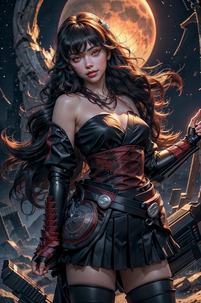 stunning girlfriend, (standing:1.1), dynamic pose, heart shaped face, elegant face, beautiful face, highly detailed face, highly detailed skin, skin pores, subsurface scattering, realistic pupils, loving smile, looking at viewer, full face blush, full lips, detailed background, depth of field, atmospheric perspective, volumetric lighting, sharp focus, absurdres, realistic proportions, good anatomy, (realistic, hyperrealistic:1.4), 16k hdr, 1girl, bangs, black_hair, black_kimono, breasts, flower, hair_between_eyes, hair_flower, hair_ornament, japanese_clothes, thighhighs kimono, long_hair, looking_at_viewer, multicolored_hair, night, stars, obi, red_eyes, red_hair, sash,standing on lunar surface, craters, distant mountains, (planet earth in the sky), solo