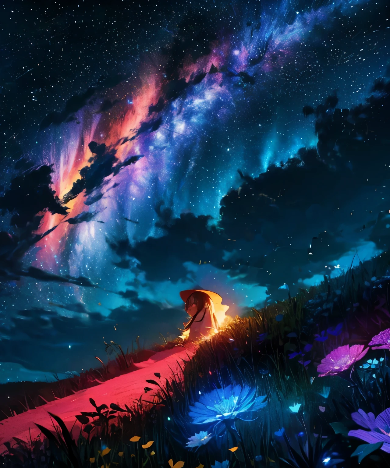 Describe a scene where a cute girl character is lying on a grassy hill, Looking up at the starry sky. Surround her with colorful nebulae and her favorite constellations.