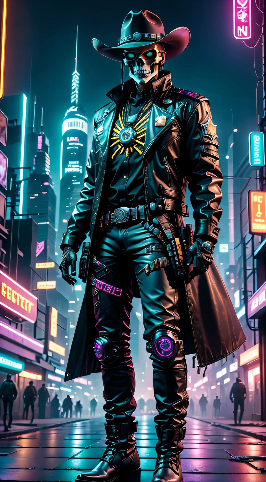 cyber punk style：Skeleton Robot Sheriff，metalictexture，wearing a cowboy hat+cockade+neon light edge，Wearing a leather jacket and cowboy boots，retro futuristic style，glowing light eyes，High-tech weapons hanging from his belt，wires and cables，nighttime scene，Vibrant colors，electric sparks，Dystopian cityscape，Network enhancement，Mixed reality。(Best quality,4K,8K,A high resolution,tmasterpiece:1.2),ultra - detailed,(actual,photoactual,photo-actual:1.37),