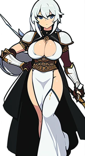 (((Best Quality))) , ((full body)), female, reference sheet, solo, (white background), slit dress, holding weapon, loin cloth, gauntlet, plate armour,