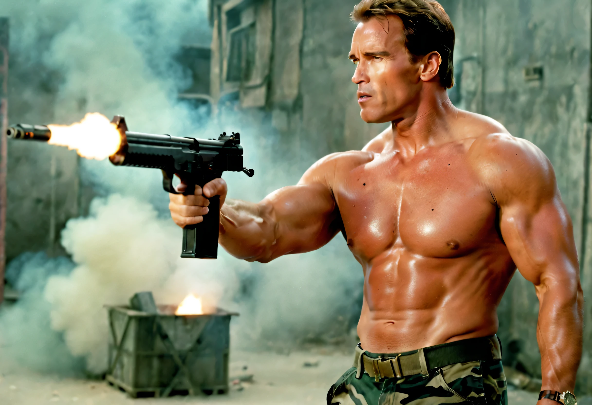 (best quality,4k,8k,highres,masterpiece:1.2),ultra-detailed,realistic:1.37,arnold schwarzenegger,brutal,vivid colors,sharp focus,machine gun in hand,shooting,burst fire,empty casings dropped down ,explosions on background,dramatic lighting,strong shadows,physically-based rendering, determined eyes,smoke-filled air,high-contrast,