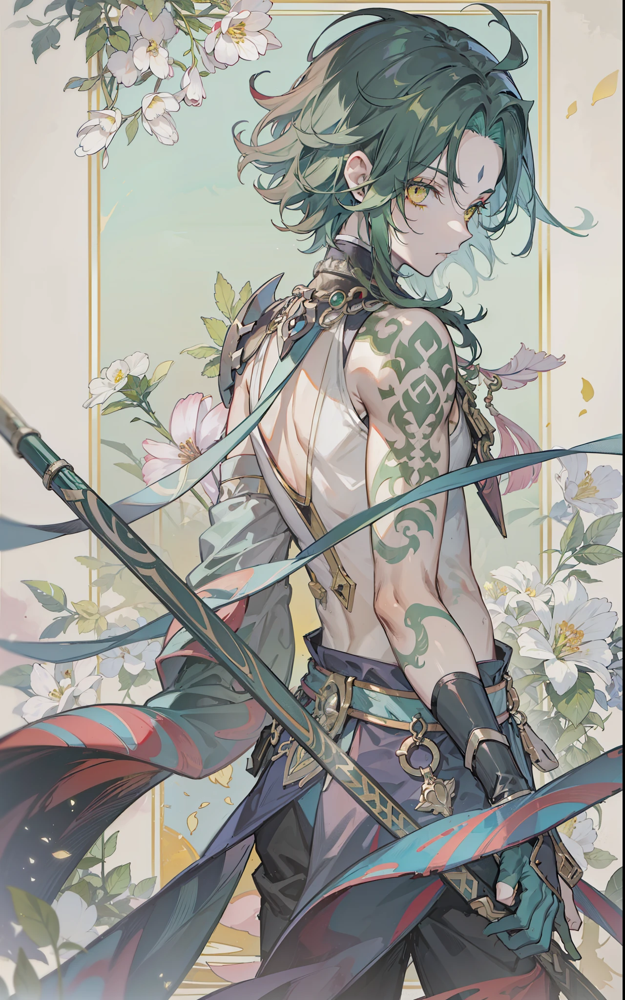 1boys, Dark green hair, Best quality at best, tmasterpiece, Extrem, yellow-eyed, malefocus, pretty eyes, mandrill, flower ring, foliage,A desolate feeling,grieves