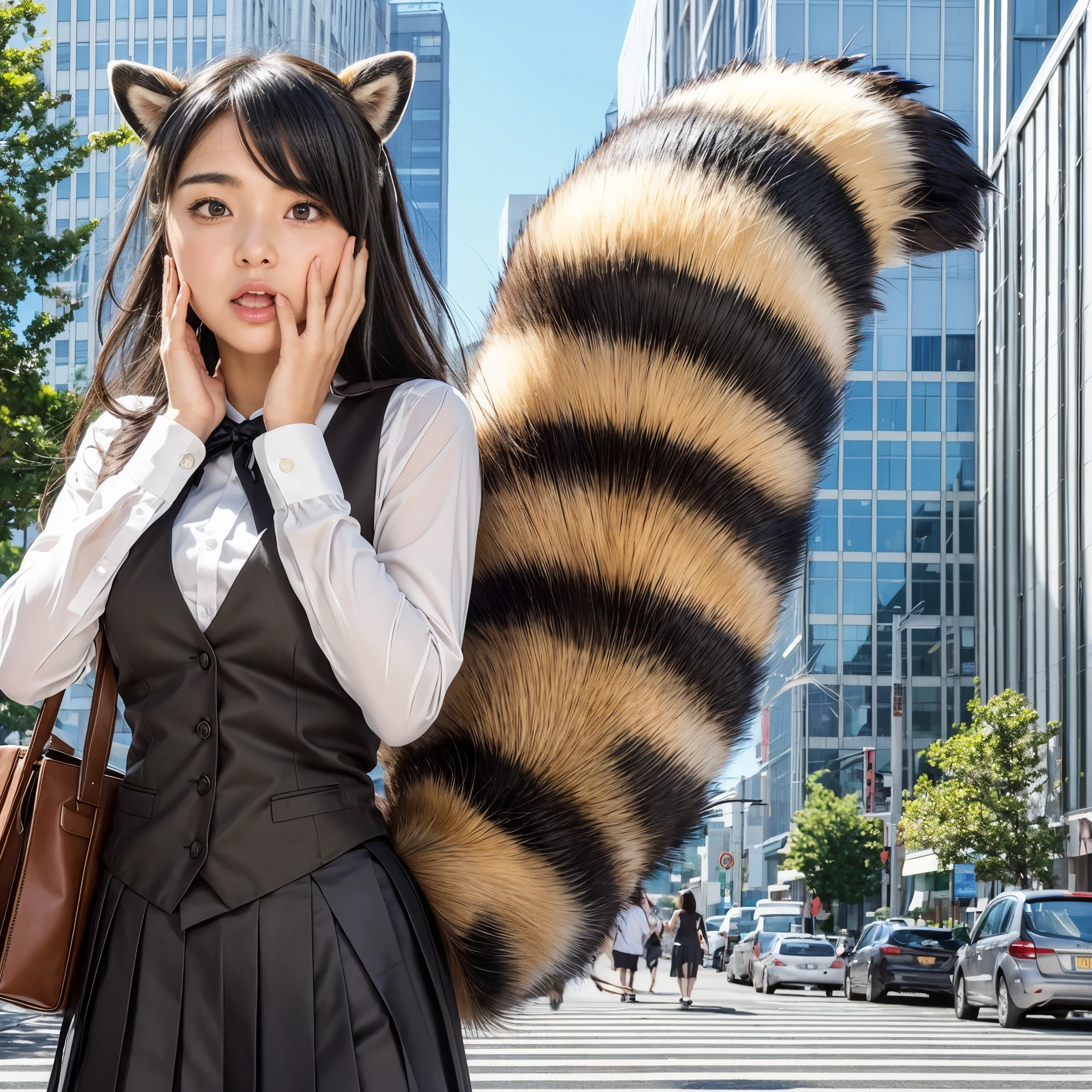 A woman wearing a pleated skirt with a raccoon tail, anthropomorphic raccoon, けもの, realistic, a picture, top-quality, Surprised face , Troubled face, Her skirt is flipped up and her tail is visible., Realistic tail