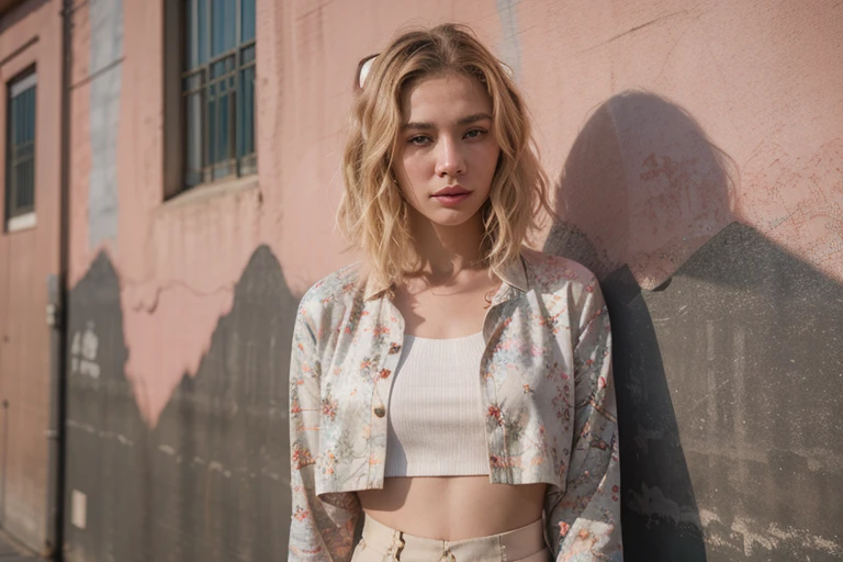 8K, RAW photogr, film, Mural painting of Yongle Palace (highlydetailed skin: 1.2) Style-petalBREAK short hair, Blonde hair with colored locks, in a skirt, Film granulation, 35mm, cuyle