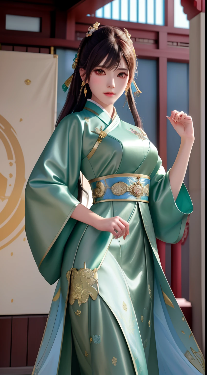 1girl,silver dress,(azur lane\), (Kpop idol), (aegyo sal:1), (light brown short ponytail:0.8), ((puby eyes)),,hanfugirl,light green Hanfu,print,best quality , masterpiece, high resolution, 1 girl, pretty face, chinese clothes in superhero leather uniform, (super detailed metal armor), colorful, painting burst, artstation, concept art, smooth, sharp focus, illustration, background with east asian architecture, artwork by artgerm, greg rutkowski and alphonse mucha,