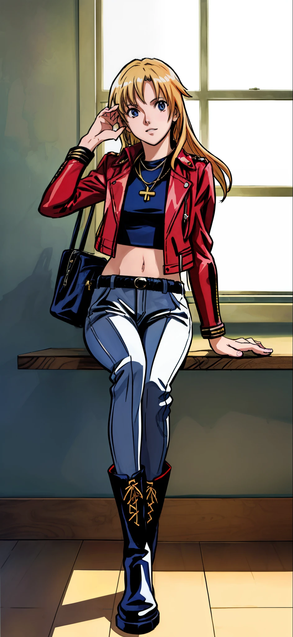 (Best Quality,4K,8K,hight resolution,masutepiece:1.2), Ultra-detailed, (Realistic,photoRealistic,photo-Realistic:1.37), Smirk , Unhappy,((Golden hair)), ((Medium Long Hair)),piercings,leather jackets,White crop top, Leather Leggings,a necklace,right hand up,Sitting,Lace-up long boots,Beautiful detailed eyes, Beautiful detailed lips, extremely detailed eye and face, long eyelashes, Realistic anime 3D style, Smooth Anime CG Art, Digital rendering by Makoto Shinkai, Moe Anime Art Style, photoRealistic rendering of an anime girl, Shinkai Makoto style, Cute anime girl visuals, Realistic young anime girl, girl fan art, Created by Anime Artist'studio of.
