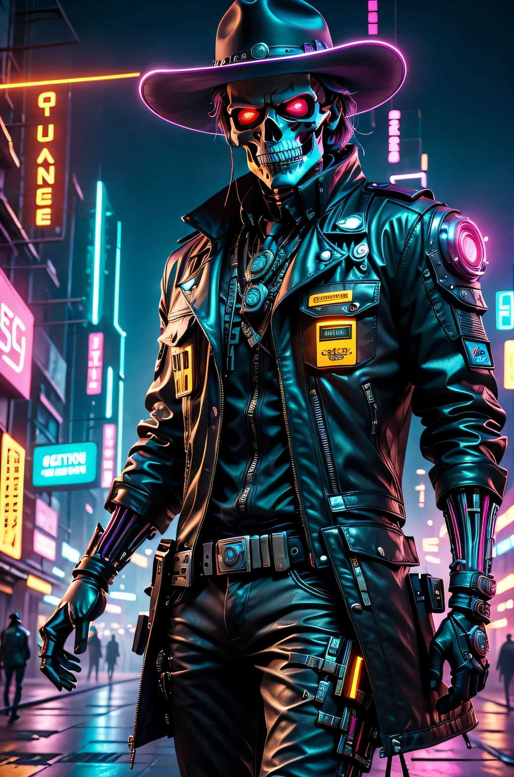 cyber punk perssonage,Skeleton Robot Cowboy Sheriff,Mysterious dark background,neonlight,cybernetically enhanced,Weapons of the future,wearing a cowboy hat+neonlight边缘,Bionic arm,metal chin,red luminous eyes,dystopian city,Focus sharp,Steely texture,vivd colour,concept art style.(Best quality at best,4K,8K,A high resolution,tmasterpiece:1.2),ultra - detailed,(actual,photoactual,photo-actual:1.37),