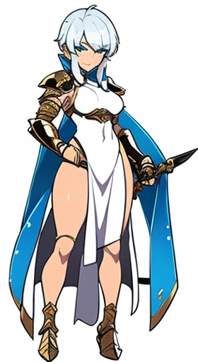 full body, whole body. loincloth standing, lefthand on hips and righthand behind head full body, 1solo (girl) slave fighter, metal sandals, choker, big belt, view from below, barefoot together, bracers, tiara, leather collar choker neck bell, cleavage, shackles wristbands, long messy white silver platinum hair