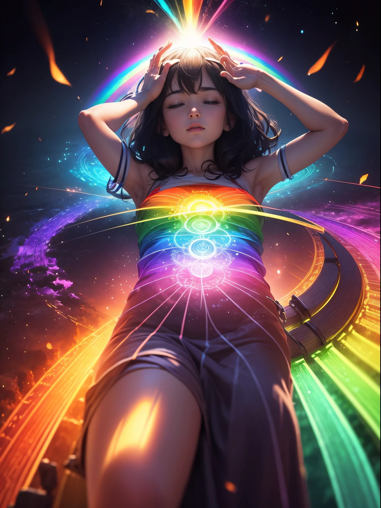 resonance integration of higher mind and physical mind. Feeling whole nature as I am. Expanding consciousness to whole universe. rainbow like deep backgroud.