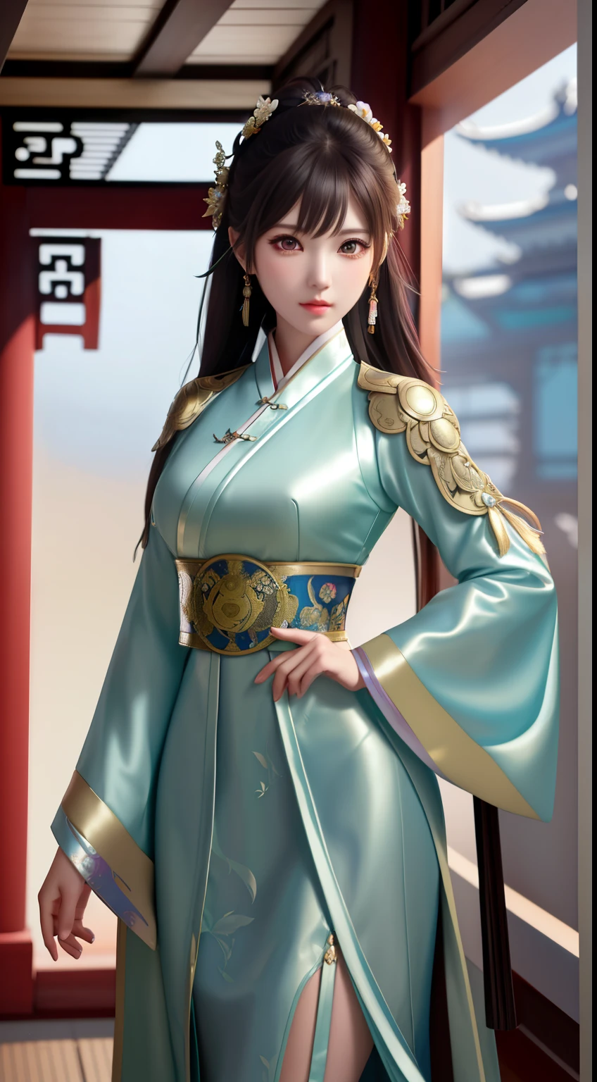 1girl,silver dress,(azur lane\), (Kpop idol), (aegyo sal:1), (light brown short ponytail:0.8), ((puby eyes)),,hanfugirl,light green Hanfu,print,best quality , masterpiece, high resolution, 1 girl, pretty face, chinese clothes in superhero leather uniform, (super detailed metal armor), colorful, painting burst, artstation, concept art, smooth, sharp focus, illustration, background with east asian architecture, artwork by artgerm, greg rutkowski and alphonse mucha,