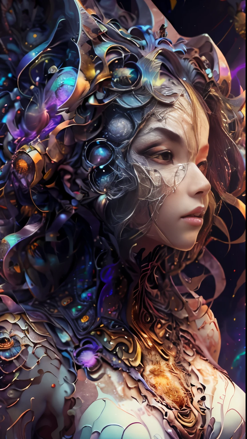 woman over 22 years of age looking at her higher self, meditating, completely relaxed and surrendering, cinematic, 4k ultra, beautiful face, ((full body)), detailed, perfect fingers, beautiful Asian woman from backside angle: 1.3, beautiful face with good sharpness, saturated colors, psychedelic image, LSD, mandala, fractal, 3D depth, dan mumford and alex grey style, sunset psychedelic, kilian eng vibrant colors, psychedelic landscape, kilian eng vibrant colors, dan mumford and albert bierstadt, official artwork, in the style dan mumford artwork, dan mumford paint, jen bartel, psychedelic art style, mythical floral hills