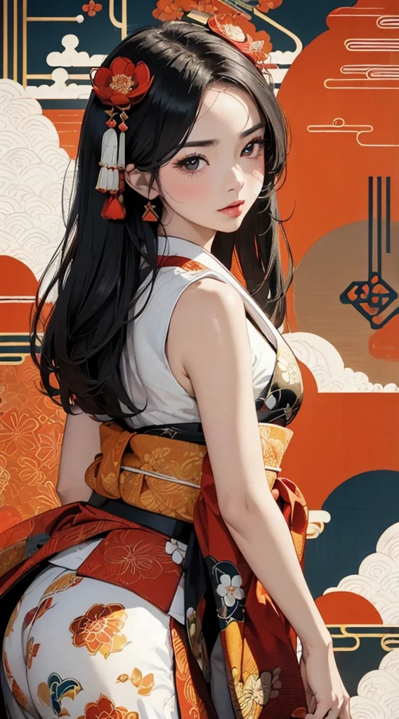 ((8k wallpaper of extremely detailed CG unit, masterpiece, hight resolution, top-quality, top-qualityのリアルテクスチャスキン)), ((a very beautiful woman, Seductive facial expressions, Plump lips, The upper part of the body, Japanese pattern haori, Japanese pattern micro mini shorts)), (messy black hair, de pele branca, Small), ((Colorful background with geometric patterns, Japanese pattern background, warm color, white backgrounid)), hyper realisitic, digitial painting, concept-art,