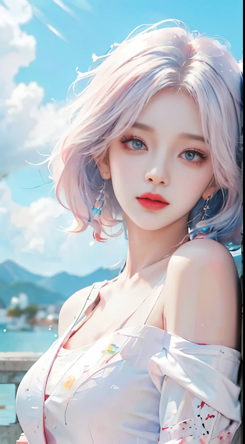 （tmasterpiece、Best quality、A high resolution），white backgrounid，Acrylic paints，（（splash of color，Splash ink、splash of color）），Sweet Chinese girl，Light blue and white medium length hair，（in pink），curlies，Sparkling，红in pink的嘴唇，white off-the-shoulder T-shirt, white-shoulder shirt，Colossal tits，Upper part of the body，the street