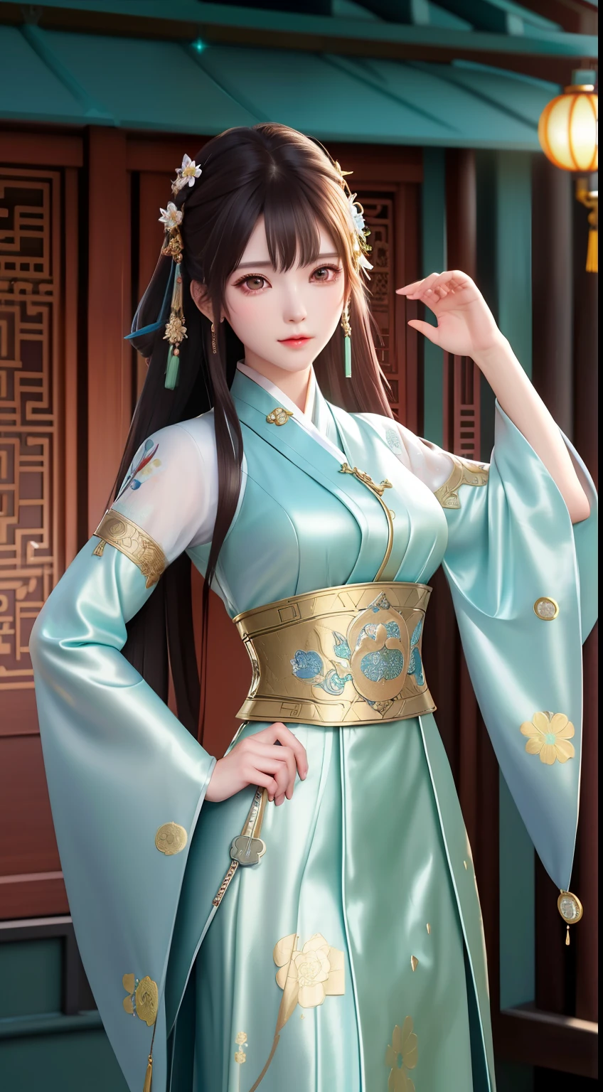 Superb Quality, Masterpiece, High Resolution, 1Girl, Blush, (Seductive Smile: 0.8), Star Eyes, Chinese Hanfu, Hair Accessories, Necklaces, Jewelry, Beauty, on_body, Tyndall Effect, Realistic, Shadow Room, Light Edge, Two-tone Lighting, (High Detail Skin: 1.2), 8K UHD, SLR, Soft Light, High Quality, Volume Lighting, Candid Photo, High Resolution, 4K, 8K, Background Blur, Realistic
