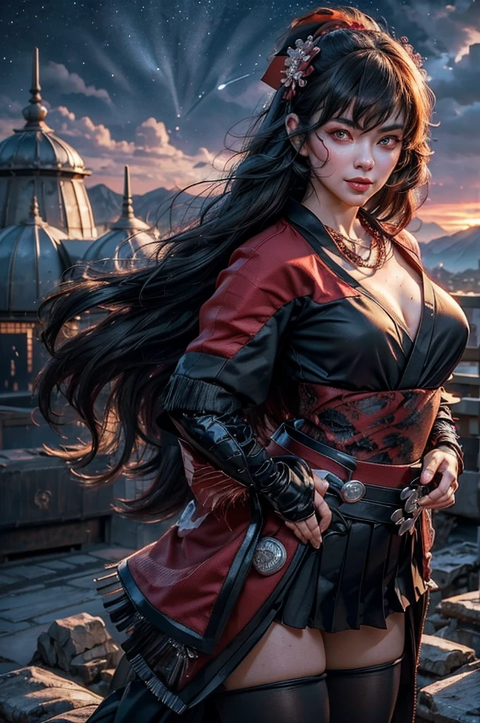 stunning girlfriend, (standing:1.1), dynamic pose, heart shaped face, elegant face, beautiful face, highly detailed face, highly detailed skin, skin pores, subsurface scattering, realistic pupils, loving smile, looking at viewer, full face blush, full lips, detailed background, depth of field, atmospheric perspective, volumetric lighting, sharp focus, absurdres, realistic proportions, good anatomy, (realistic, hyperrealistic:1.4), 16k hdr, 1girl, bangs, black_hair, black_kimono, breasts, flower, hair_between_eyes, hair_flower, hair_ornament, japanese_clothes, thighhighs kimono, long_hair, looking_at_viewer, multicolored_hair, night, stars, obi, red_eyes, red_hair, sash,standing on lunar surface, craters, distant mountains, (planet earth in the sky), solo