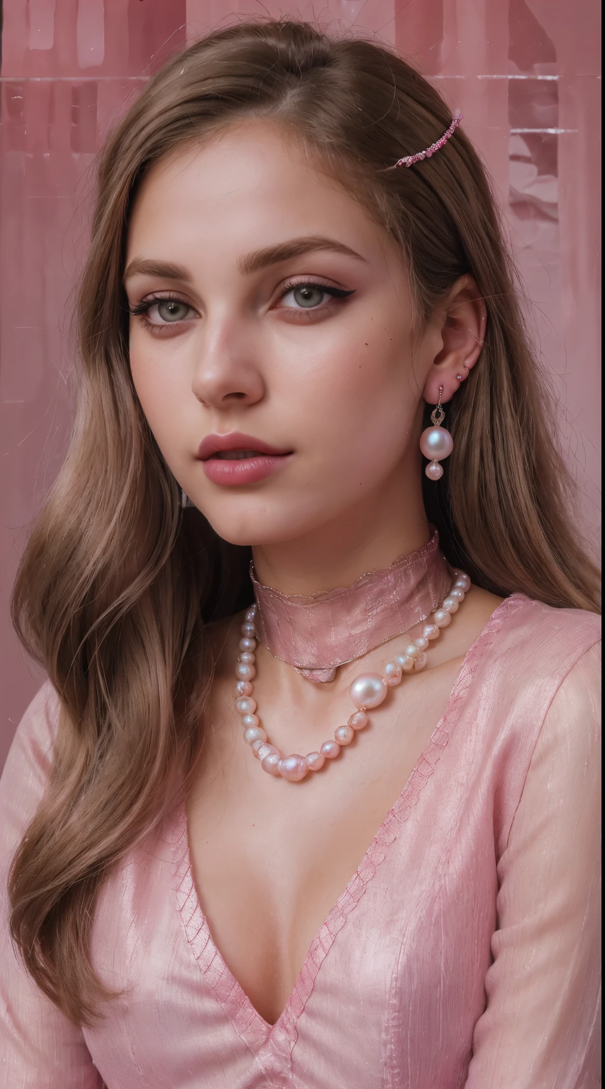 (Blond brown hair), (RAW photo, realism: 1.8), (very dark pink lip gloss), (dark jet pink lipstick), (many eyelashes), (eye shadow), (too much shy), (too much blushing), (high quality), (high resolution), (depth of field), (chromatic aberration), (caustic), (wide light), (pearl pink colors), (22 year old woman), (innocent face), (cute face), (chicks) (necklaces), ((nose pin)), (chokers), (earring), (bracelets), (wear many accessories), (very soft pearl pink fair large breasts), very good clothing), (style A good woman), (pink silk salvar kameez), (dupatta), (beautiful pearl pink fair skin), (beautiful legs), (lots of exposure), (very line), (figure that looks delicious), (long and brod lips),