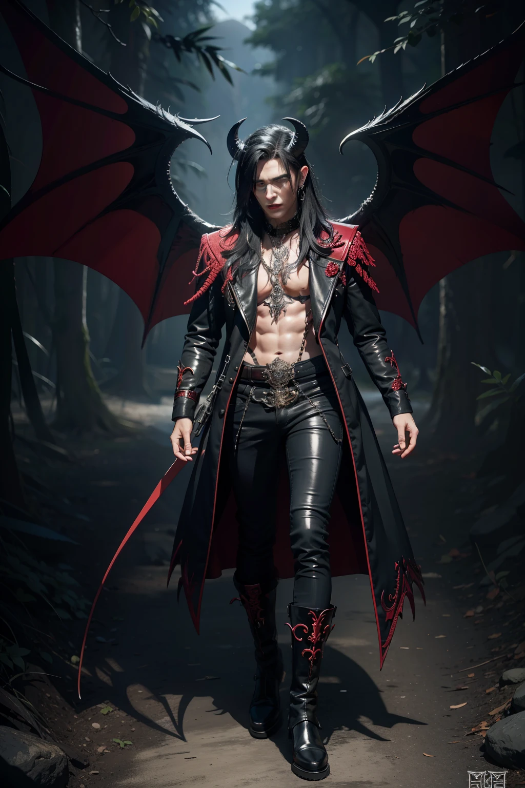 Demon, 18 years old, handsome man, horns, demon wings, tail, gothic rock style, high  goth boots, with tattoos, male handsome, fullbody, gothic background