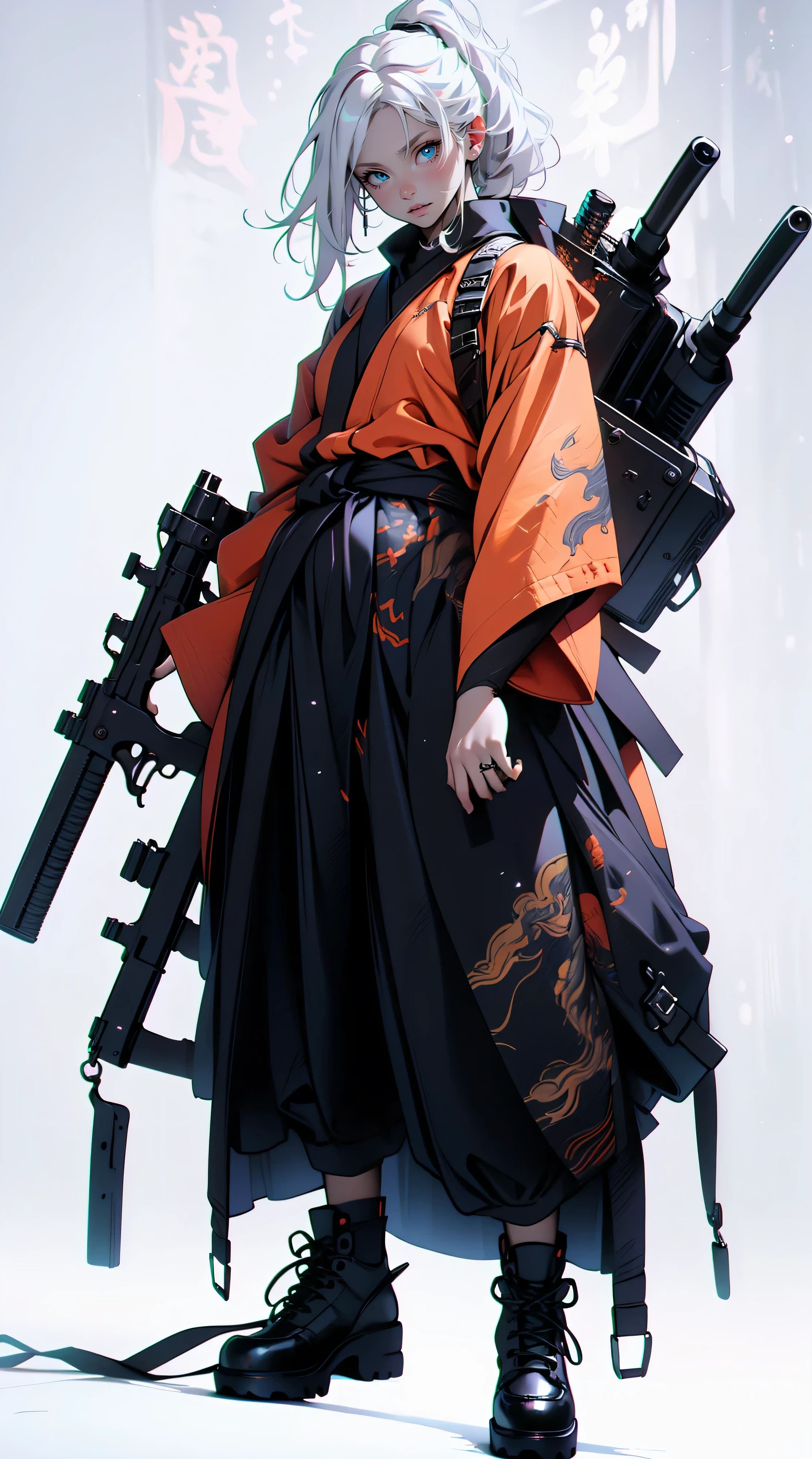 ((gun holster))、girl with、big eye、to stand,((Full body)),top-quality、masterpiece、Hi-Res、(((girl with1人)))、masutepiece, quality of hike,((White background))、animesque,2D、((white hair))、blue eyess,albino,(侍 girl with),long boots、High Ponytail,Black kimono、slenderの、Cute eyes、Sparkling eyes、slender