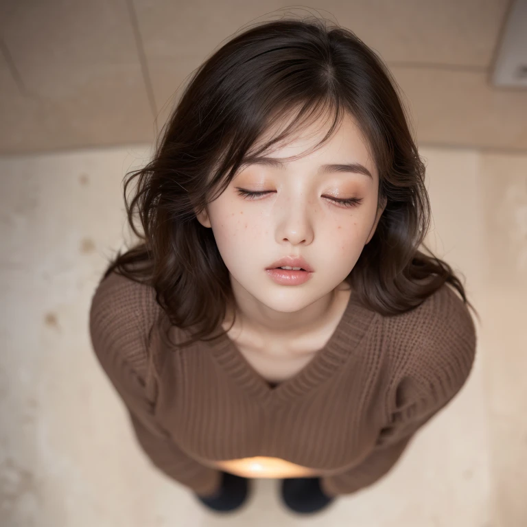 Highest Quality, masterpiece, unbelievably Beautiful, very delicate 8k wallpaper, Transcendently Beautiful Girl, Japanese, Cute Girl, (Ecstasy:1.4) ,(troubled eyebrows), (((looking down:1.6))),looking at viewer ((From directly below)),((all-fours)), 25 years old, Bedrooms, dark illumination, inside in room, ceiling, Plump lips, Detailed face, Detailed eyes , Detailed arms, ((extreme close-up face:1,4)), Detailed body, Best Quality, Beautiful, ultra Detailed, Detailed, apartament, Shy, Short hair, hair messy, Wavy Hair, Black hair, Brown eyes, dropping eyes, Beautiful breasts, Sweaters, Clothes taken off, freckle, chubby, ((viewer is looking up from directly below her))