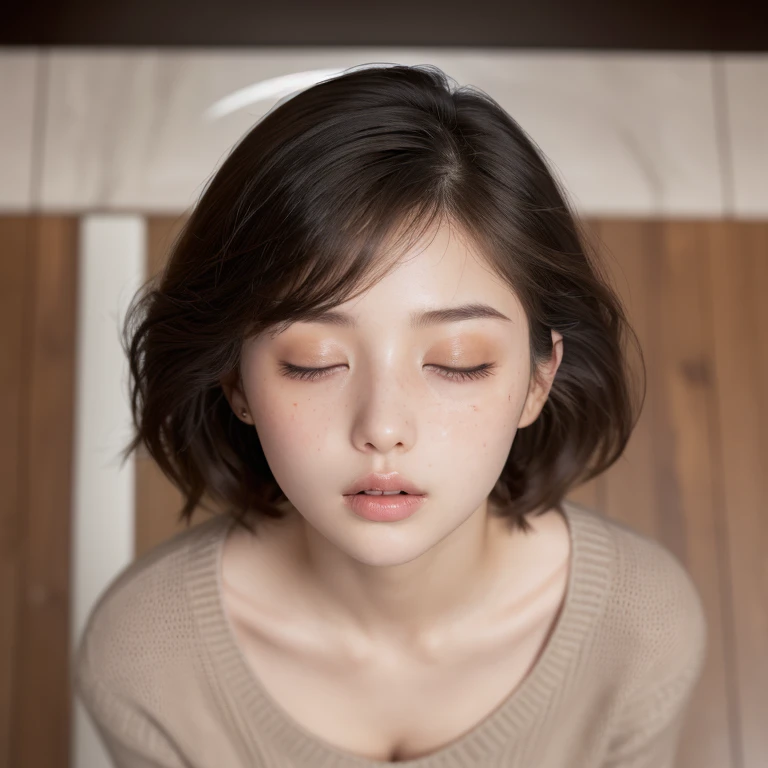 Highest Quality, ​masterpiece, unbelievably Beautiful, very delicate 8k wallpaper, Transcendently Beautiful Girl, Japanese, Cute Girl, (Ecstasy:1.4) ,(troubled eyebrows), (((looking down:1.6))),looking at viewer ((From directly below)),((all-fours)), 25 years old, Bedrooms, dark illumination, inside in room, ceiling, Plump lips, Detailed face, Detailed eyes , Detailed arms, ((extreme close-up face:1,4)), Detailed body, Best Quality, Beautiful, ultra Detailed, Detailed, apartament, Shy, Short hair, hair messy, Wavy Hair, Black hair, Brown eyes, dropping eyes, Beautiful breasts, Sweaters, Clothes taken off, freckle, chubby, ((viewer is looking up from directly below her))