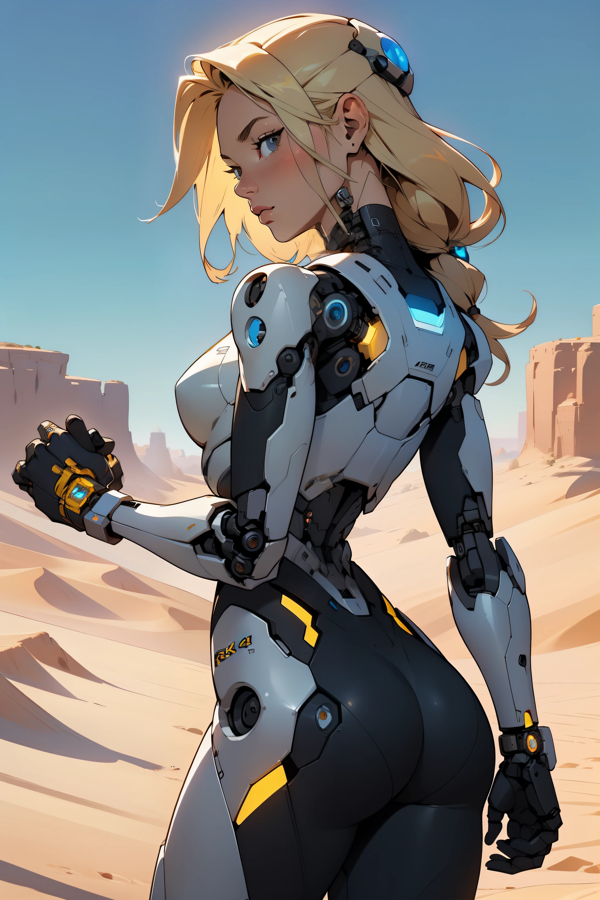high quality, 4k, masterpiece, beautiful, cyborg girl, cowboy shot, dull eyes, back side, turning around to look at viewer, long blonde hair, girl, small breasts, fit thigh, robotic arms, robotic body, cyborg body, yellow accent, redaccent, intricate detail, joint, detailed lines, robotic detail, holding fist up, holding hand up as fist, color robotic parts, robotic parts with color, perfect fingers, on a desert planet, sunny background, colorful desert,