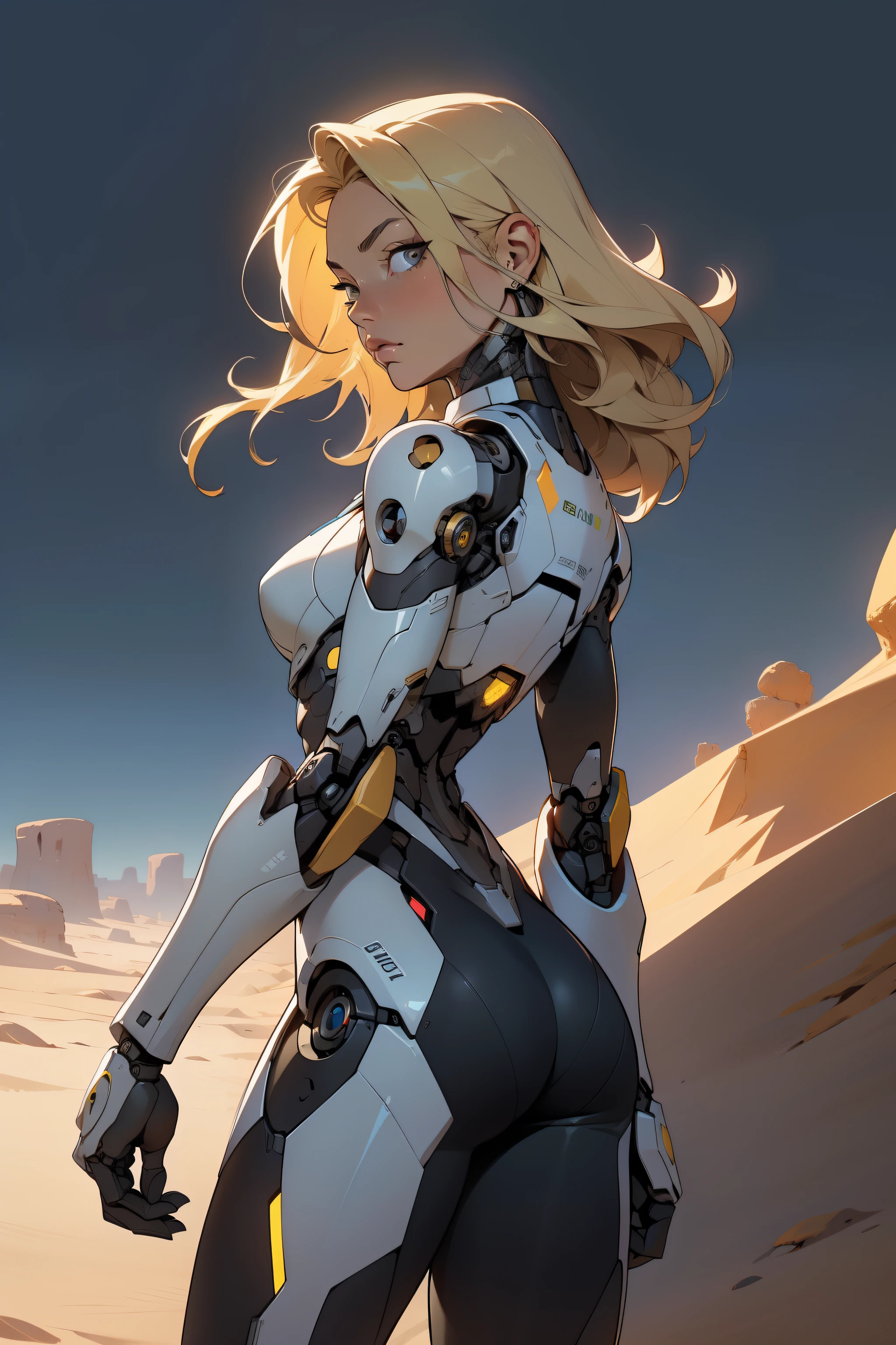 high quality, 4k, masterpiece, beautiful, cyborg girl, cowboy shot, dull eyes, back side, turning around to look at viewer, long blonde hair, girl, small breasts, fit thigh, robotic arms, robotic body, cyborg body, yellow accent, redaccent, intricate detail, joint, detailed lines, robotic detail, holding fist up, holding hand up as fist, color robotic parts, robotic parts with color, perfect fingers, on a desert planet, sunny background, colorful desert,