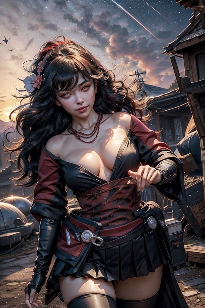 stunning girlfriend, (standing:1.1), dynamic pose, heart shaped face, elegant face, beautiful face, highly detailed face, highly detailed skin, skin pores, subsurface scattering, realistic pupils, loving smile, looking at viewer, full face blush, full lips, detailed background, depth of field, atmospheric perspective, volumetric lighting, sharp focus, absurdres, realistic proportions, good anatomy, (realistic, hyperrealistic:1.4), 16k hdr, 1girl, architecture, bangs, black_hair, black_kimono, breasts, east_asian_architecture, flower, full_moon, hair_between_eyes, hair_flower, hair_ornament, japanese_clothes, kimono, long_hair, looking_at_viewer, moon, moonlight, multicolored_hair, night, night_sky, obi, red_eyes, red_hair, sash, sky, solo, thighhighs