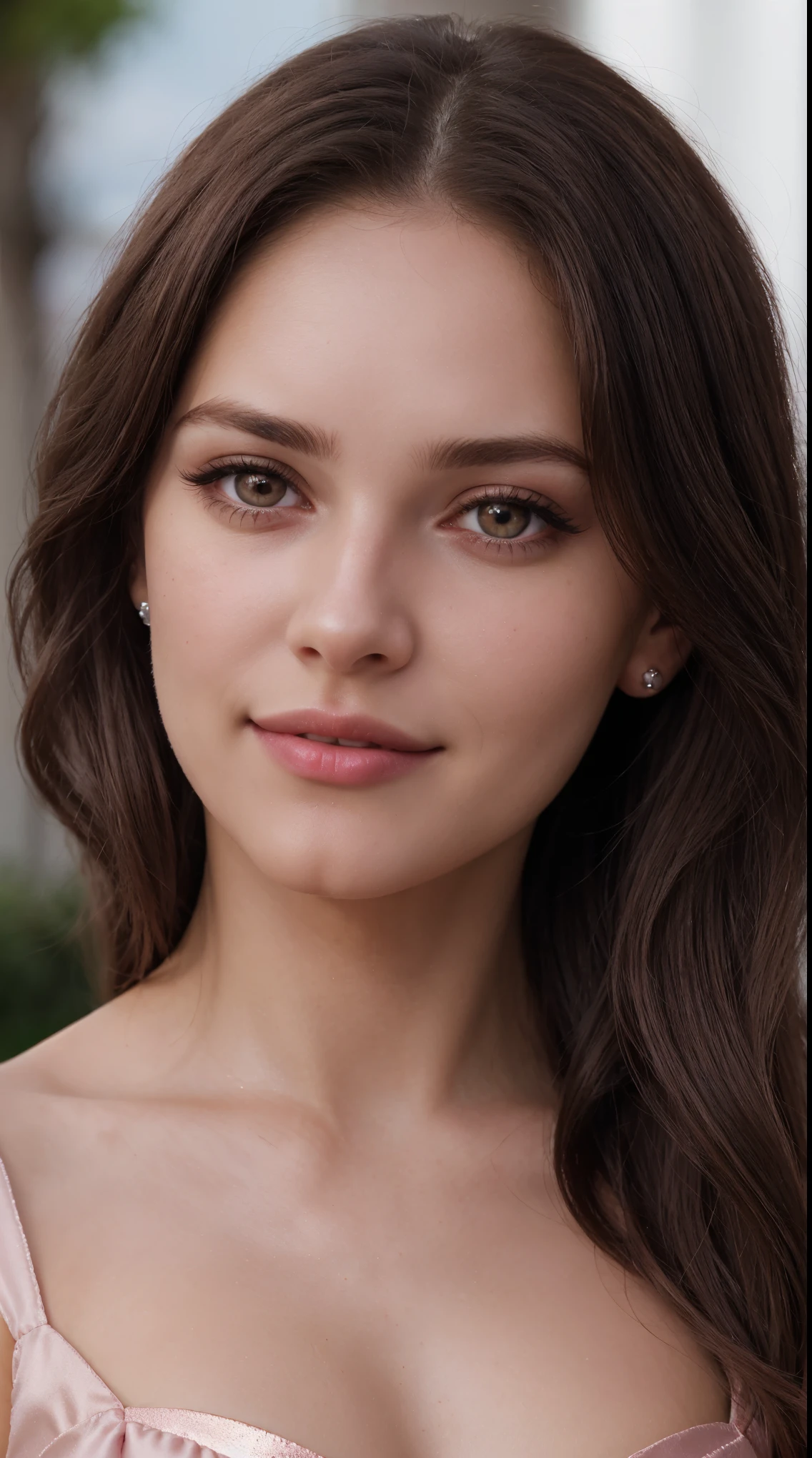 1mujer, (realista:0.75), brown hair, Cabello largo, ojos negros, feliz, de asuka evangelion, small breast, realistic pearl skin, pearl jewellery, dark jet pink lipstick, pink silk drees, ultra realistic skin texture, shy, blushing, smile, breathtaking, many eye lashes, realistic eye brows, hot pose, lovely look, depth of field, look like love at firstsite, gloss skin, shiny skin