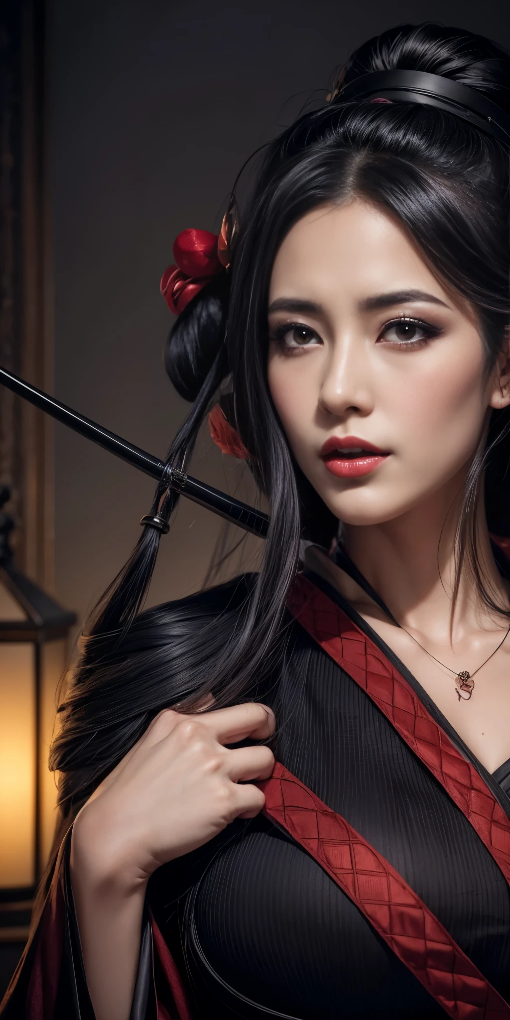 A dark gothic geisha, hot, sexy, horny, with flowing black hair with a bun on her head, full lips, beautiful eyes, silky skin, huge breasts, wearing an erotic gothic kimono, wearing a pendant, with a forest at night lit up by moonlight, photorealistic provocative erotic gothic geisha, hyperrealistic dark enveloping geisha, intricately detailed succubus geisha.