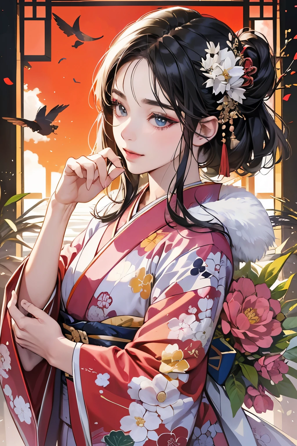 (masutepiece, Digital Art, Digital Illustration, 4K, 8K, Ultra-detailed, beautiful image, Sharp Image, Photorealistic, Raw photo, Perfect face, Perfect lines, Perfect eyes, Soft lighting) ,1 woman, (Black hair,straight haired,Bullish gaze,Beautie,ellegance,Solid makeup,23 y-o woman,small tits:1.3),スーツ姿のハンサムなember性2人, (ember,ember性はスーツ姿,well-muscled,Firm shoulder width, emberの,Boyish hairstyle,English gentlemanly style,クールな表情の30代ember性,明るい笑顔の28歳ember性:1.2),Show white teeth and smile(embarrassed from,Shy smile:1.1),(Nervous,be shy,sleepy,embarrassed from:1.1),a couple、a couplethe kiss、Romance、the kiss、New Yeareve、New Year、New Year'eve、Initial、shrines、Japanese style kimono、Furisode
