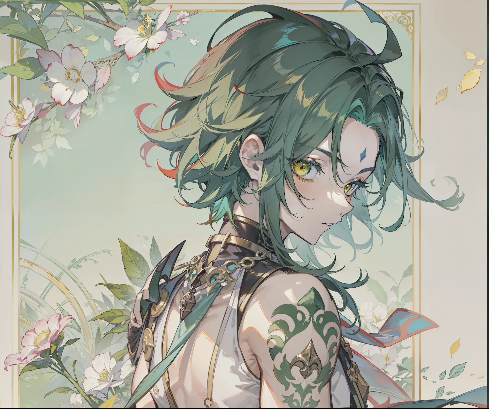 1boys, Dark green hair, Best quality at best, tmasterpiece, Extrem, yellow-eyed, malefocus, pretty eyes, mandrill, flower ring, foliage，A desolate feeling，grieves