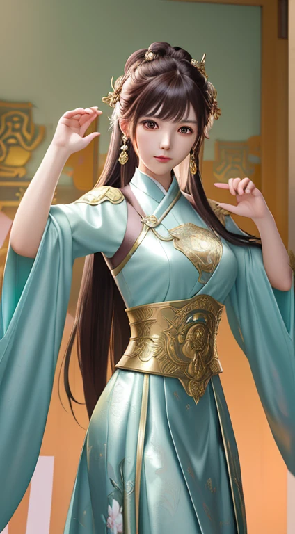 1girl,silver dress,(azur lane\), (Kpop idol), (aegyo sal:1), (light brown short ponytail:0.8), ((puby eyes)),,hanfugirl,light green Hanfu,print,best quality , masterpiece, high resolution, 1 girl, pretty face, chinese clothes in superhero leather uniform, (super detailed metal armor), colorful, painting burst, artstation, concept art, smooth, sharp focus, illustration, background with east asian architecture, artwork by artgerm, greg rutkowski and alphonse mucha,