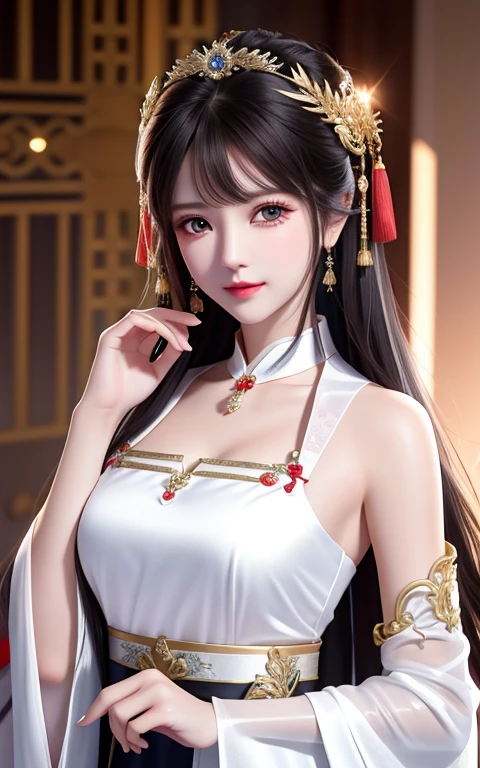 Best quality at best, tmasterpiece, A high resolution, 1 girl,Be red in the face,(lusty  smile:0.8),star-shaped bule pupils,china hanfu,hair adornments,choker necklace, jewely,pretty  face,above_body, a beautiful woman with long, shiny black hair, Decorated with headdress. her clear, as she wore a white silk one-piece dress and outfit，She stood tall，Staring ahead with sparkling eyes. on her left hand, She holds a long sword, Lean it on her Tyndall effect,realisticlying, dark studio, edge lit, two color lights,(highdetailskin:1.2), 8K uhd, SLR camera, gentlesoftlighting, high qulity, Volumetriclighting, Frankness, photore, A high resolution, 4K, 8K