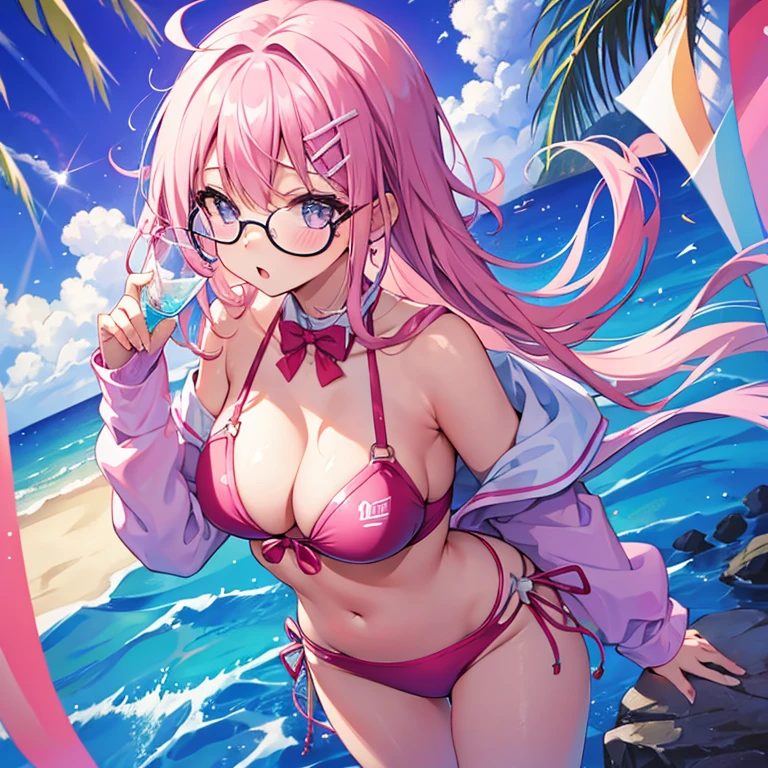 s girl pink hair big boobs woth pink bikini circle ey glasses