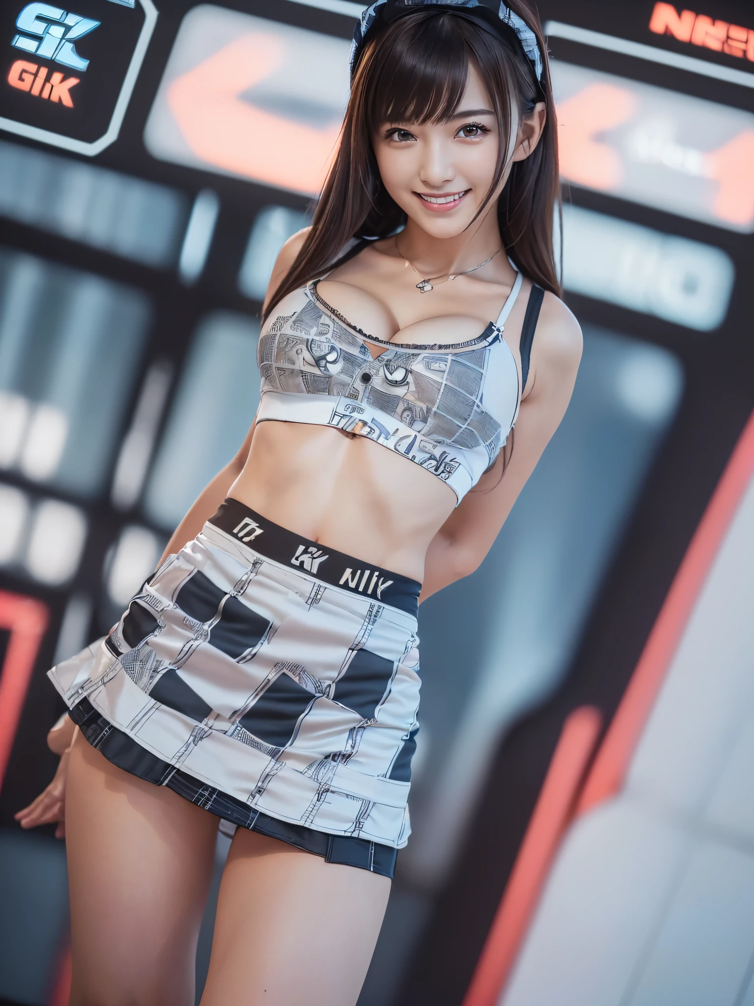 (the Extremely Detailed CG Unity 8K Wallpapers, Best Quality, Ultra-detailed, masutepiece, Realistic, photographrealistic, extremely detailed cute girl, 18-years old, 
(Wearing a grid girl costume with sponsor's logo printed on it:1.3), (mini skirt ) , (standing in a motorsport race),  , ((showing panties:1.3)),  (cleavage), Smile , ass shot ,