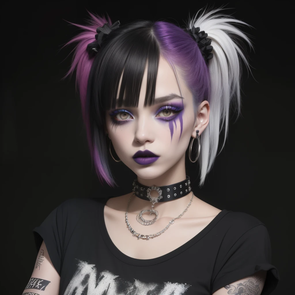 punk, 1girl, solo, looking at viewer, bangackground, shirt, black hair, hair ornament, jewelry, purple eyes, collarbone, black shirt with white sleeves, multicolored hair, choker, nail polish, collar, bracelet, two-tone hair, eyelashes, makeup, glowing, piercing, ear piercing, portrait, black nails, black lips, open mouth, lips,, masterpiece, best quality, highly detailed, different color sleeves, st