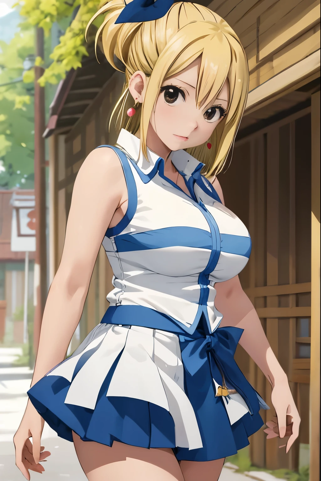 1 girl in,独奏,asterpiece, Best Quality, hight resolution, lucy heartfilia, Blonde hair, Short hair, Side Ponytail, Blue Ribbon, Large breasts, earrings, Thigh boots, Blue shirt, Sleeveless shirt, White skirt, Standing, Outdoors, Town, Duan, Cowboy Shot, Looking at Viewer, bob cuts